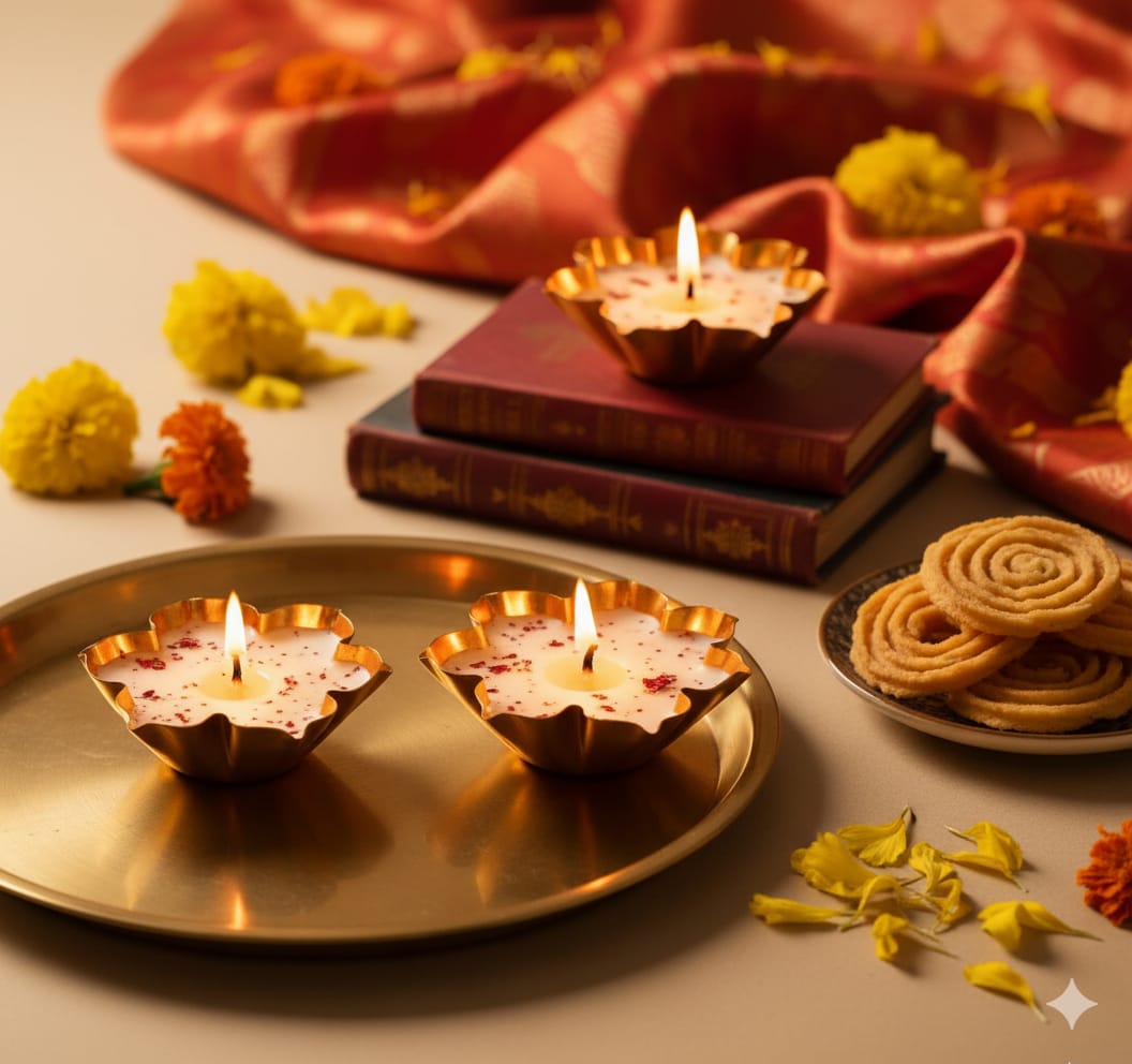 Luxury Lotus Urli Candle - Rose Scented Brass Diya for Diwali & Festive Decor