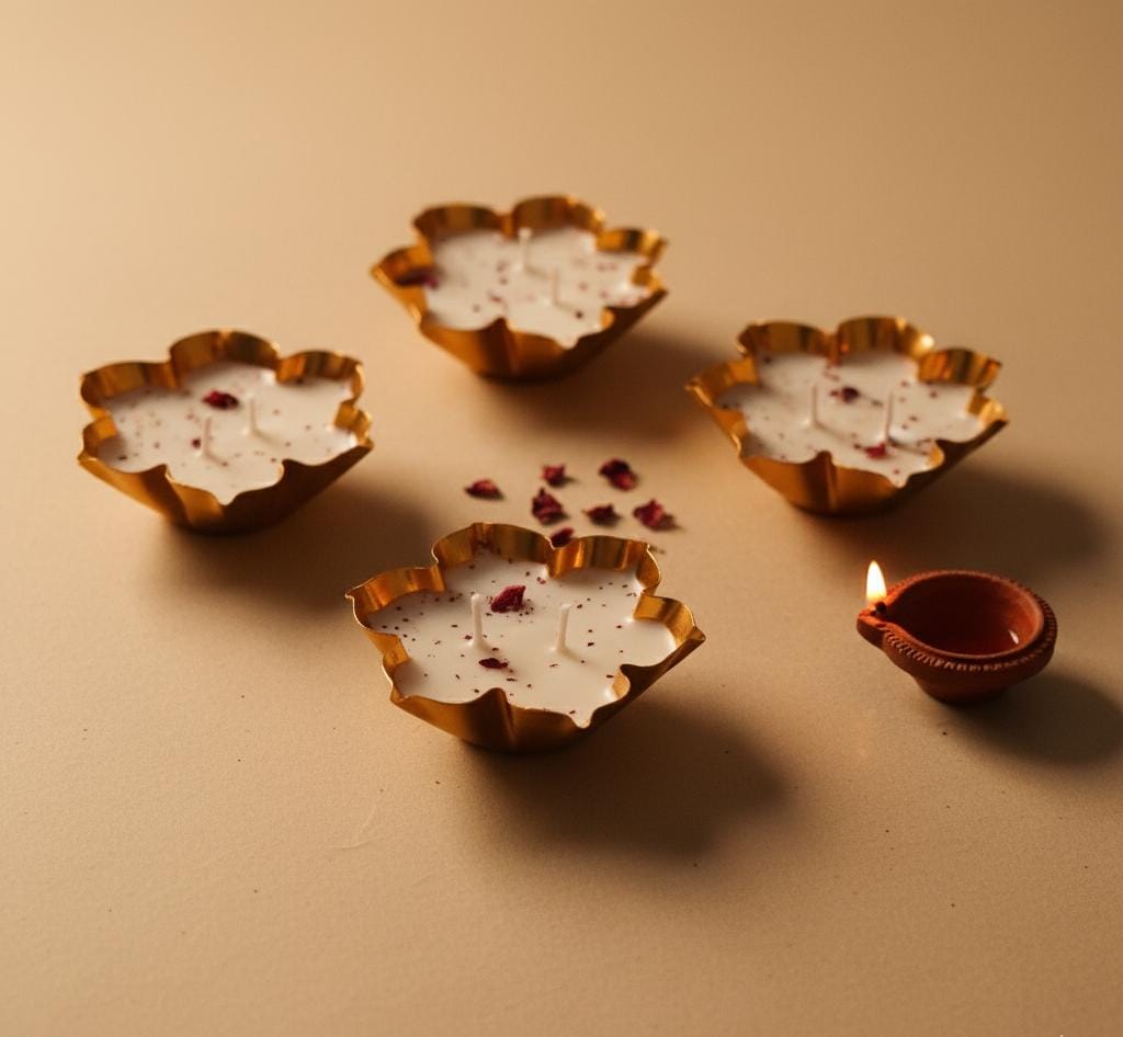 Luxury Lotus Urli Candle - Rose Scented Brass Diya for Diwali & Festive Decor