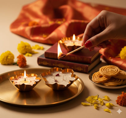 Luxury Lotus Urli Candle - Rose Scented Brass Diya for Diwali & Festive Decor