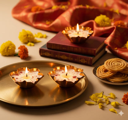 Luxury Lotus Urli Candle - Rose Scented Brass Diya for Diwali & Festive Decor