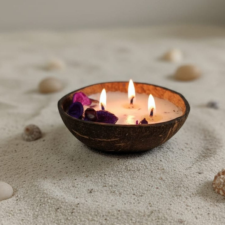 Coco Calm Triple Wick Candle - Natural Coconut Shell with Soothing Lavender Scent