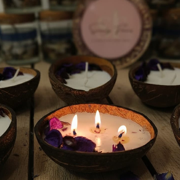 Coco Calm Triple Wick Candle - Natural Coconut Shell with Soothing Lavender Scent