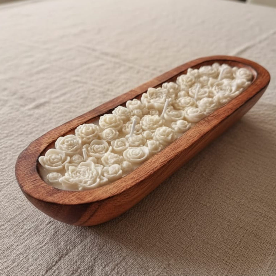 Blossom Layers Wooden Boat Candle | Handcrafted Rose Sculpt Candle with Rich Oud Aroma (9+ Hours Burn)