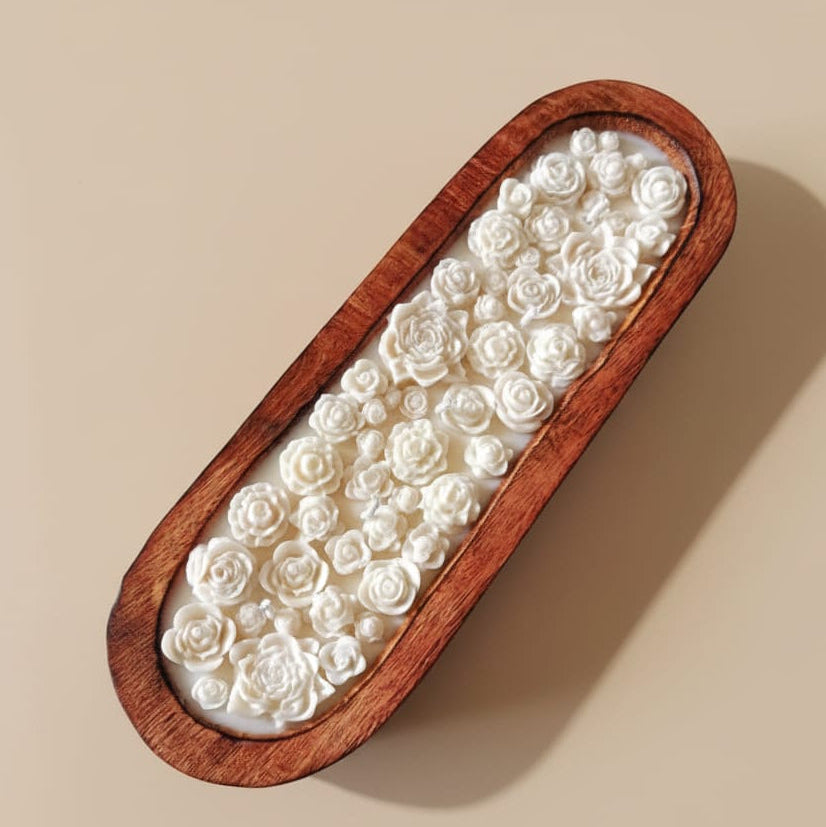 Blossom Layers Wooden Boat Candle | Handcrafted Rose Sculpt Candle with Rich Oud Aroma (9+ Hours Burn)