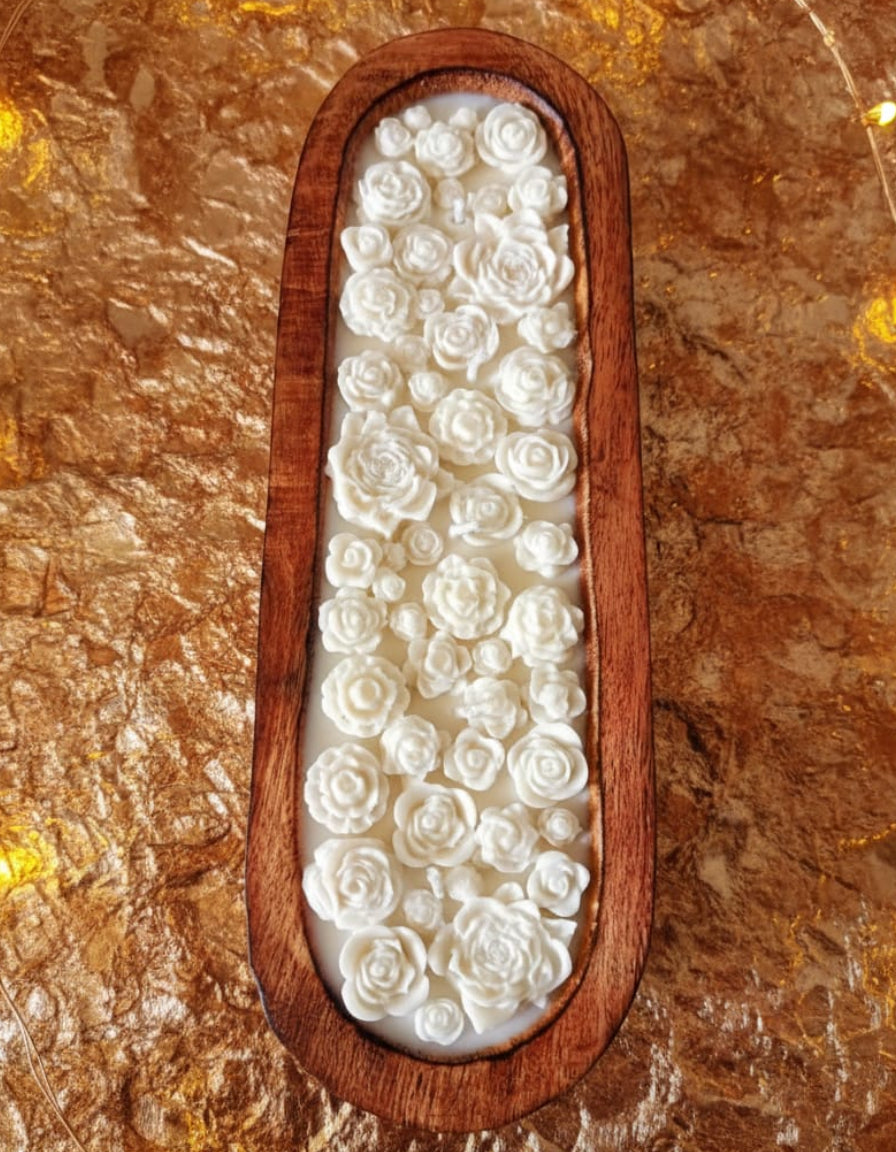 Blossom Layers Wooden Boat Candle | Handcrafted Rose Sculpt Candle with Rich Oud Aroma (9+ Hours Burn)