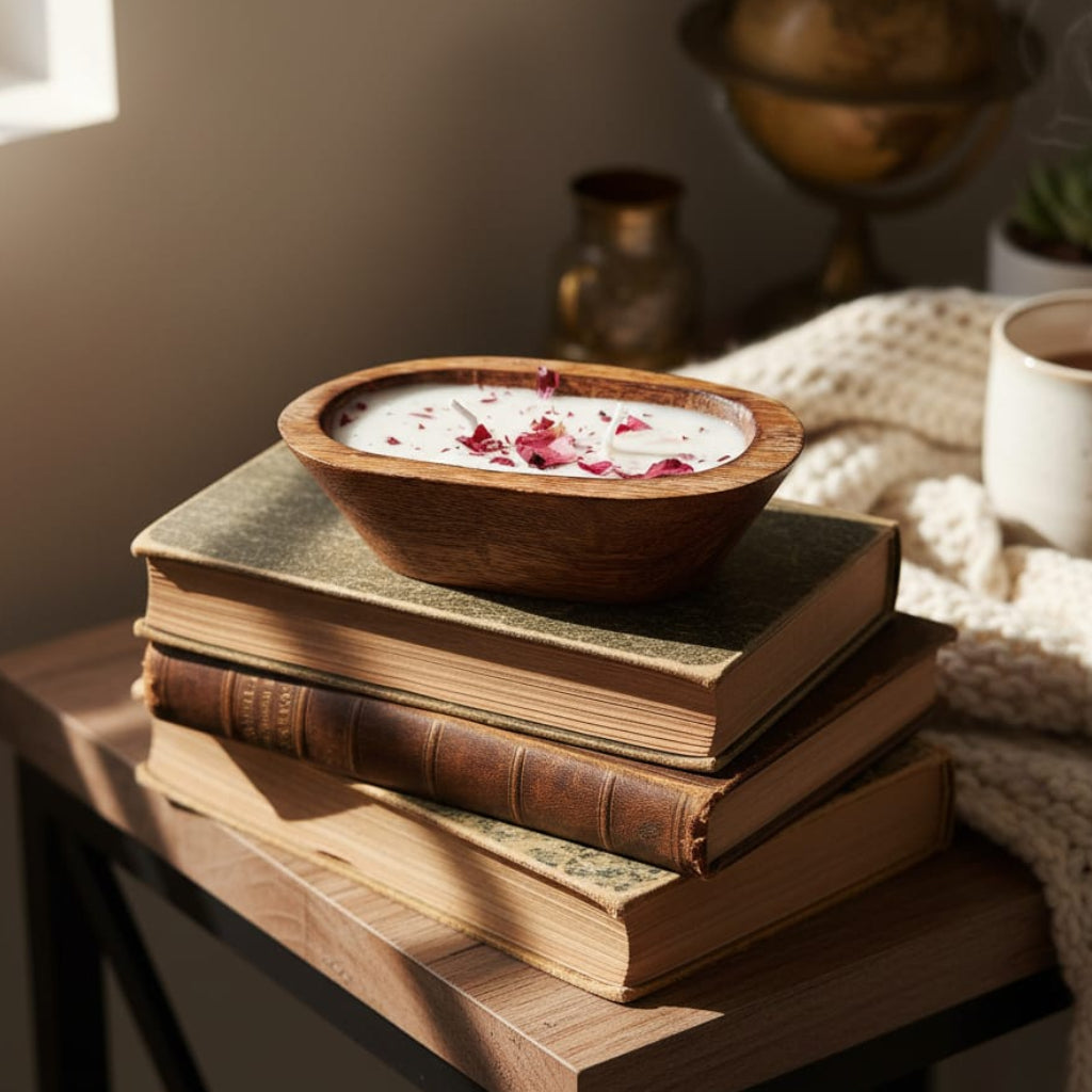 Wooden Bowl Candle | Oud & Rose Luxury Scented Candle (Customisable Fragrance)
